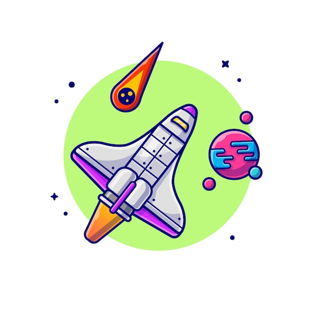 Ônibus espacial voando com ilustração do ícone dos desenhos animados do planeta e do meteorito.