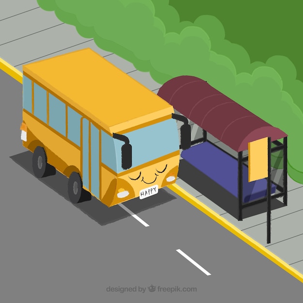 Ônibus urbano e ponto de ônibus com design plano