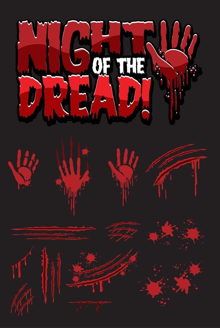 Vetor grátis night of the dread text design com impressões de mãos ensanguentadas