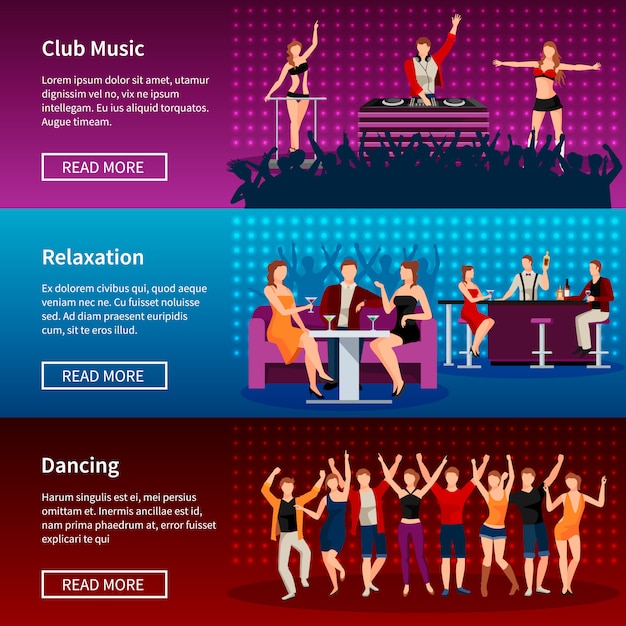 Vetor grátis nightlife entertainment melhor site de clube de dança 3 design de banners plana