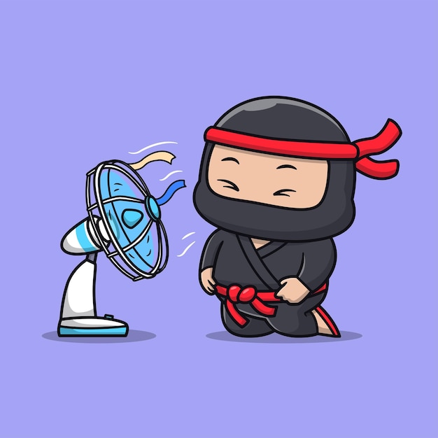 Vetor grátis ninja bonito sentado com fã desenhos animados vector ícone ilustração conceito de ícone de férias de pessoas isolado