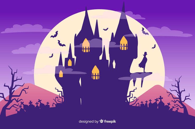 Vetor grátis noite de lua cheia e casa fundo de halloween