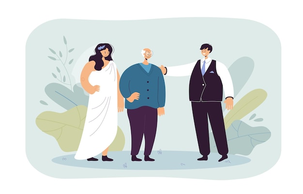 Vetor grátis noiva e noivo em pé com o pai idoso. sênior entre a mulher de vestido branco e o homem de ilustração vetorial plana de terno. família, casamento, conceito de amor para banner, design de site ou página de destino