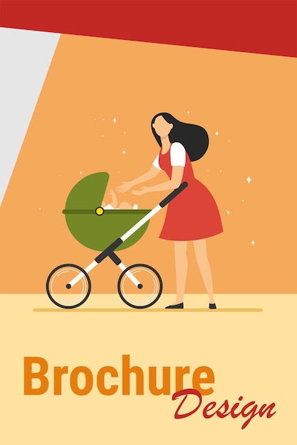 Nova mãe andando com o carrinho. mãe, alcançando as mãos para o bebê em ilustração vetorial plana de carrinho. amor, maternidade, conceito de puericultura para banner, design de site ou página de destino