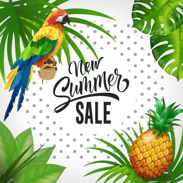Nova rotulação de venda de verão. fundo dos trópicos com folhas, papagaio e abacaxi.