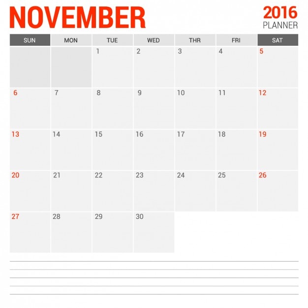 Novembro calendário mensal 2016