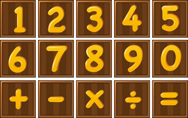 Número um a zero e sinais de matemática em tábuas de madeira