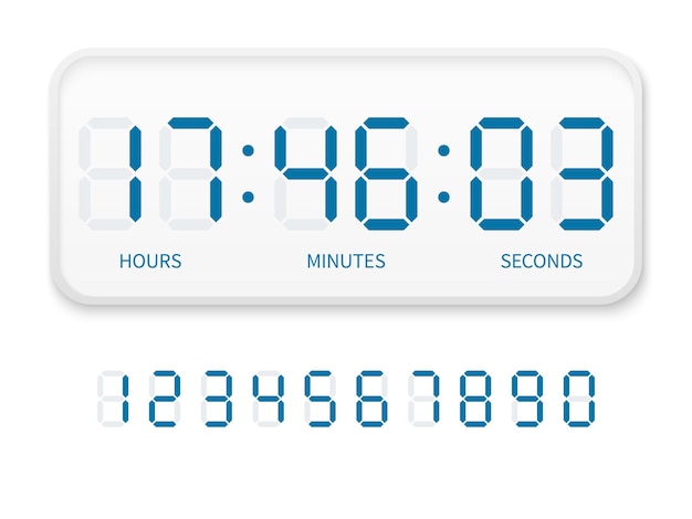 Números do relógio digital. tela de relógio de elétrons plana moderna exibição de hora de alarme branco, fonte de barra de timer com horas, minutos e segundos. temporizador de contagem regressiva. interface para ilustração vetorial de dispositivos eletrônicos