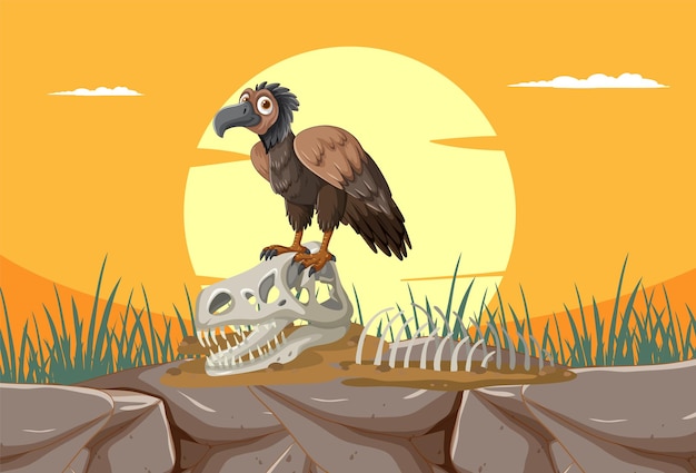 Vetor grátis o abutre empoleirado em ossos do deserto