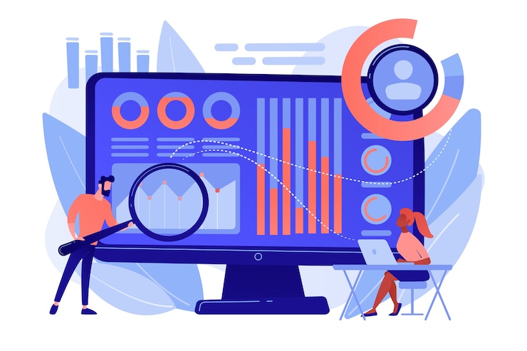 Vetor grátis o analista de dados supervisiona e governa as receitas e despesas com lupa. sistema de gestão financeira, software financeiro, conceito de ferramenta de gestão de ti