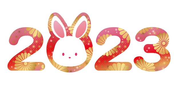 O ano 2023 ano do logotipo do coelho decorado com padrões vintage japoneses e um rosto de coelho