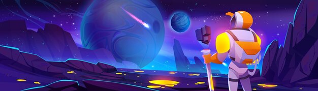 O astronauta explora o planeta no vetor da fantasia do espaço
