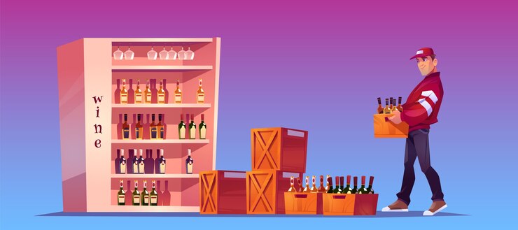 Vetor grátis o carregador carrega a caixa com as garrafas para armazenar, armazenar ou bar. entrega de bebidas alcoólicas. ilustração dos desenhos animados com um homem segurando uma caixa de madeira com garrafas de vinho e vidro em pé