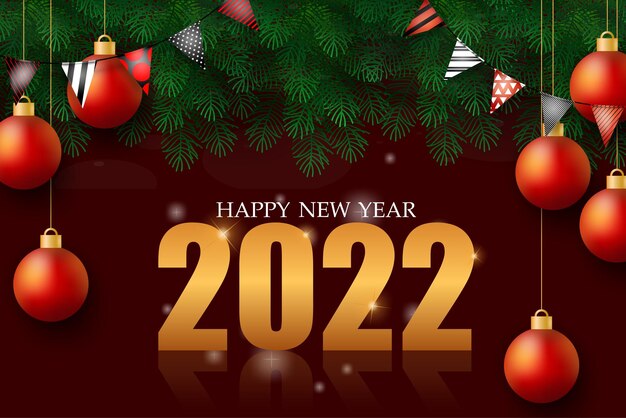 O cartão de saudação de ano novo com o número 2022 e letras feliz e comemorar, design de decoração com bola vermelha pendurada, ilustração vetorial