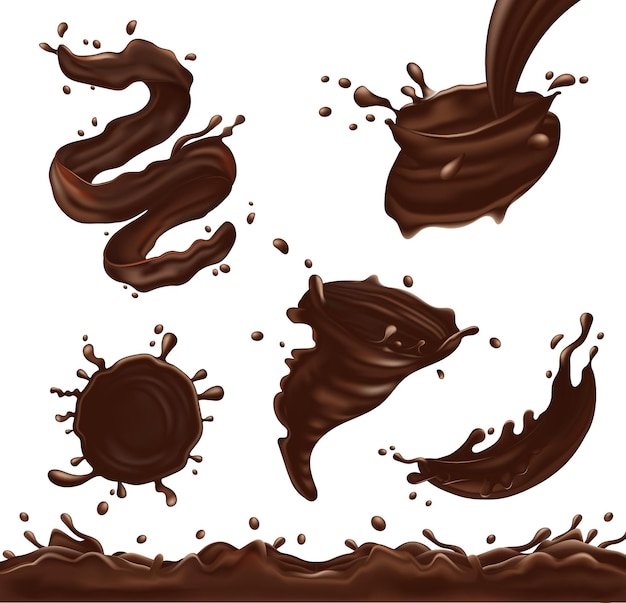 Vetor grátis o chocolate escuro espirra um conjunto realista com fluxos isolados e ilustração vetorial de gotas