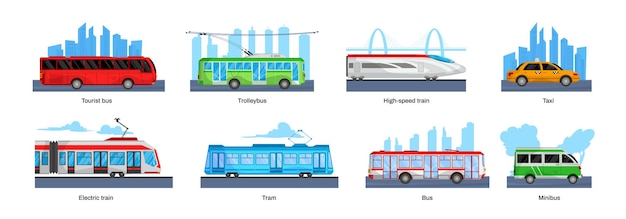 Vetor grátis o conceito de design de transporte público define paisagens com ônibus turístico trólebus trem de alta velocidade táxi trem elétrico bonde e outra ilustração vetorial de transporte