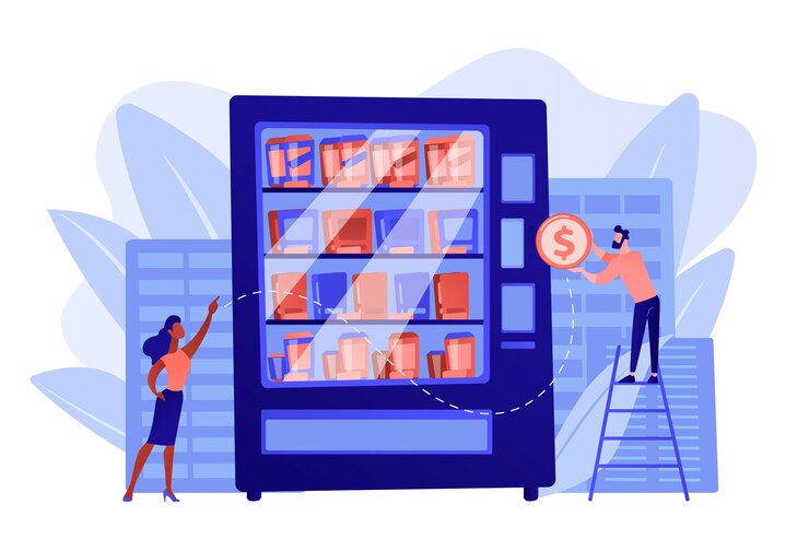 Vetor grátis o consumidor insere uma moeda de um dólar na máquina de venda automática e compra lanches e bebidas. serviço de máquina de venda automática, negócio de venda automática, conceito de máquina de autoatendimento. ilustração de vetor isolado de coral rosa