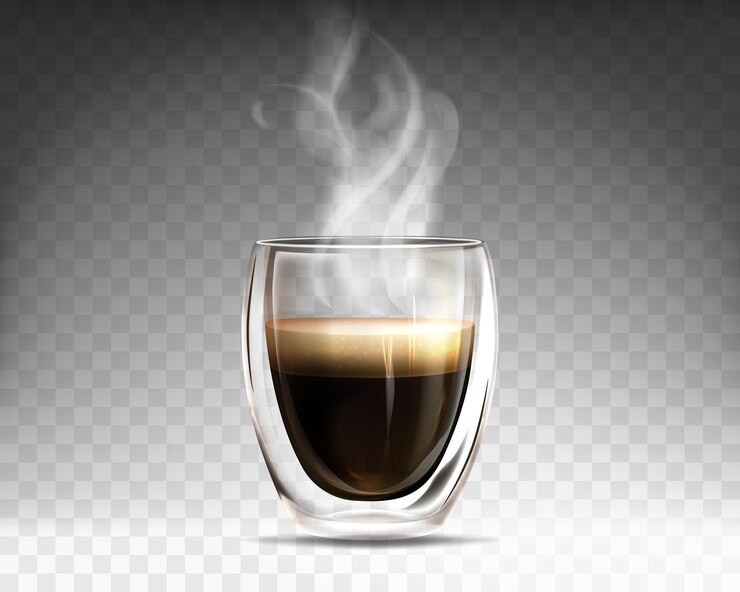 Vetor grátis o copo de vidro realista encheu o café quente e fumegante. caneca com parede dupla cheia de aroma americano. bebida expresso com fumaça isolada em fundo transparente. modelo para publicidade ou design de produto.