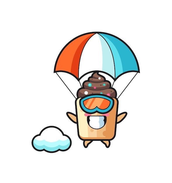 O desenho de mascote de cupcake está saltando de paraquedas com gesto feliz, design bonito Vetor Premium