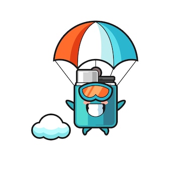 O desenho de mascote mais leve está saltando de paraquedas com gesto feliz, design bonito