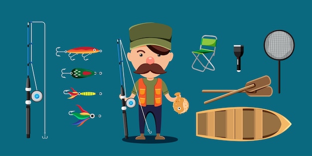 O homem de bigode segurando o suporte de peixe com equipamento de pesca isca de carretel de vara de pesca barco de pesca cadeira de tocha de rede de remo em desenho estilo cartoon para ilustração vetorial de designer gráfico