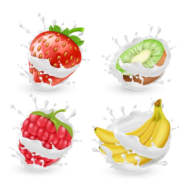 O jogo de frutas e de bagas suculentas do verão no leite ou no creme espirra, isolado no fundo. Nat