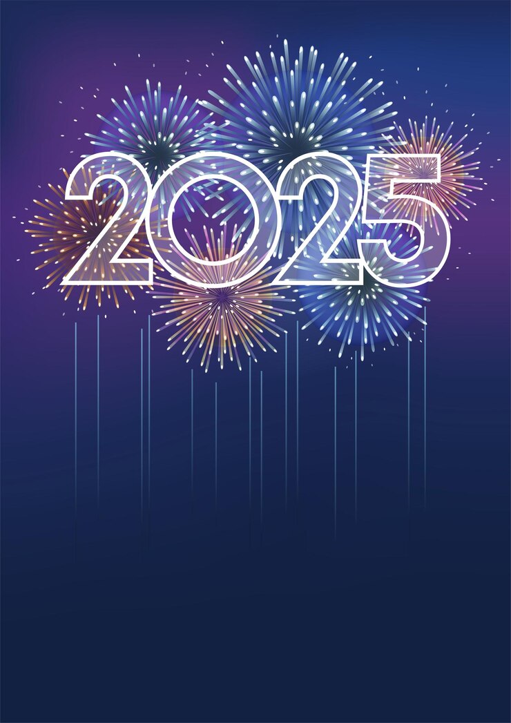 Vetor grátis o logotipo vetorial do ano 2025 e fundo de fogos de artifício com espaço de texto celebrando o ano novo