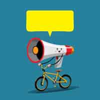 Vetor grátis o megafone anda de bicicleta e anuncia uma mensagem design de personagens de ilustração vetorial plana