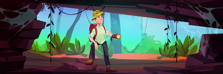Vetor grátis o mochileiro do homem explora o fundo do vetor da caverna da floresta da selva aventura feliz do personagem masculino dentro da cena 2d da masmorra da gruta tropical entrada na antiga ilustração dos desenhos animados do jogo do buraco da rocha da mina