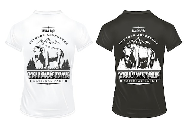 O parque nacional de Yellowstone vintage imprime modelos em camisas com a inscrição de bisão e paisagem natural isolada