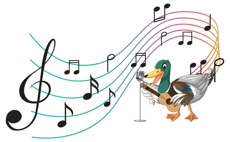 Vetor grátis o pato toca guitarra ukulele com nota musical