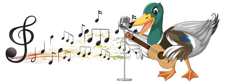 Vetor grátis o pato toca ukulele de guitarra com nota musical