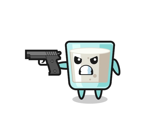 O personagem de leite fofo atirar com uma arma, design de estilo fofo para camiseta, adesivo, elemento de logotipo