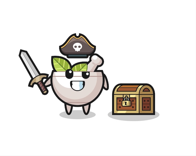 O pirata com uma tigela de ervas segurando uma espada ao lado de uma caixa de tesouro