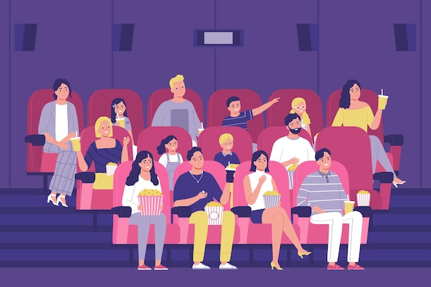 Vetor grátis o público sentado em uma sala de cinema e assistindo a uma ilustração plana de um filme