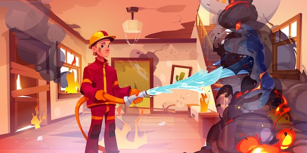 O sapador-bombeiro extingue o fogo no interior do quarto da casa