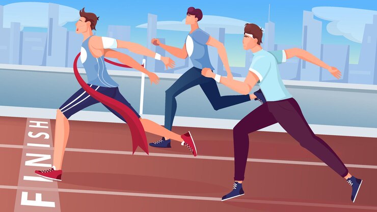 Vetor grátis o vencedor termina a composição plana com vista para a pista de corrida ao ar livre com a paisagem urbana e ilustração de personagens de atletas em execução