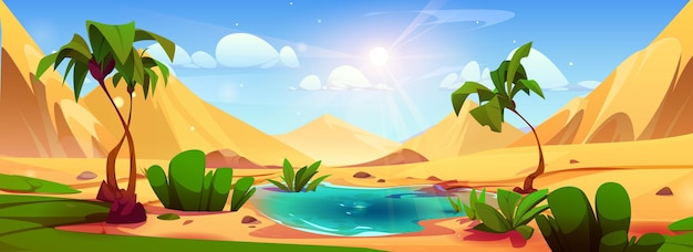 Vetor grátis oásis no deserto com palmeira desenho animado paisagem fundo egito sahara jogo lago água miragem panorama cena para viagem tropical areia pirâmide montanha em seca natureza verão papel de parede imagem