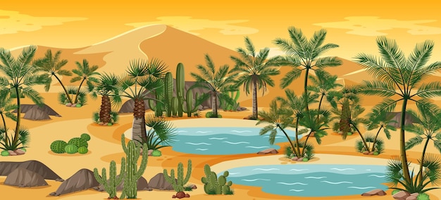 Vetor grátis oásis no deserto com palmeiras e paisagem natural catus