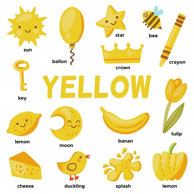 Objetos amarelos e palavras do vocabulário