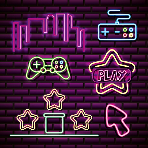 objetos como estrela, controle o horizonte no estilo neon, jogos de vídeo relacionados