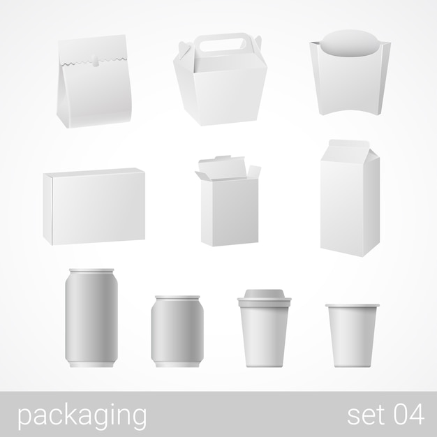 Objetos de embalagem em branco isolados na ilustração branca