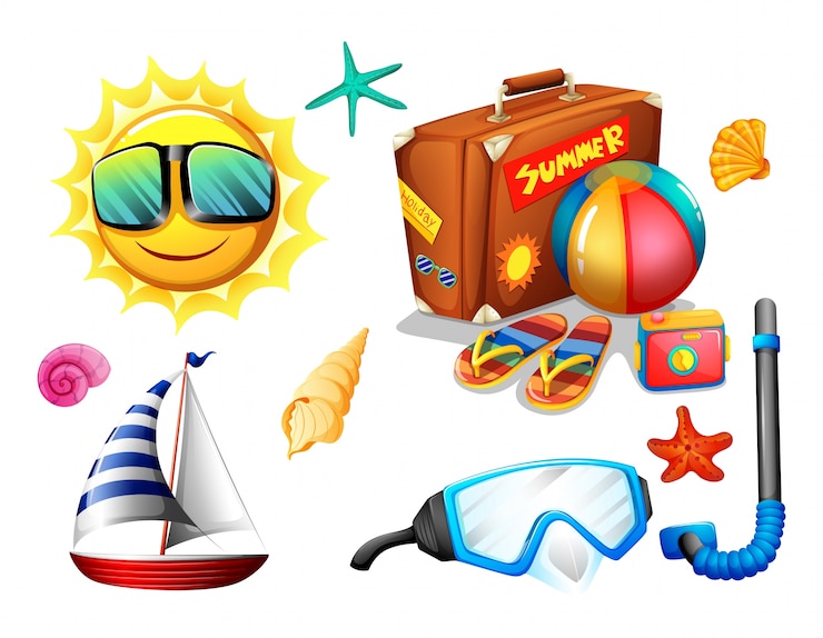 Vetor grátis objetos de férias de verão e pacote de viagem