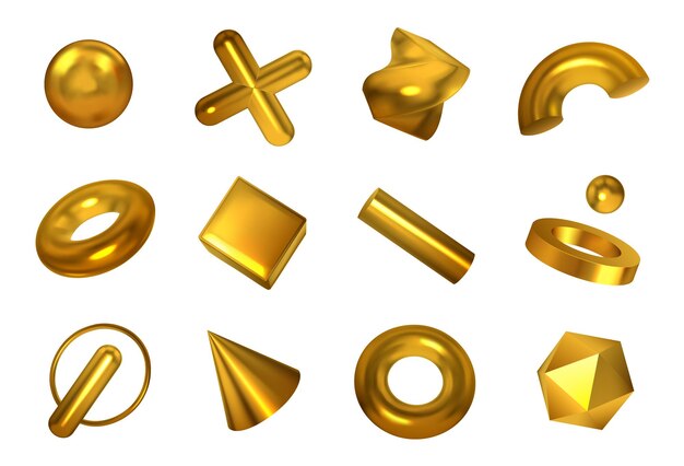 Objetos de formas geométricas realistas definidos com imagens de ícones isolados de corpos geométricos dourados na ilustração vetorial de fundo em branco