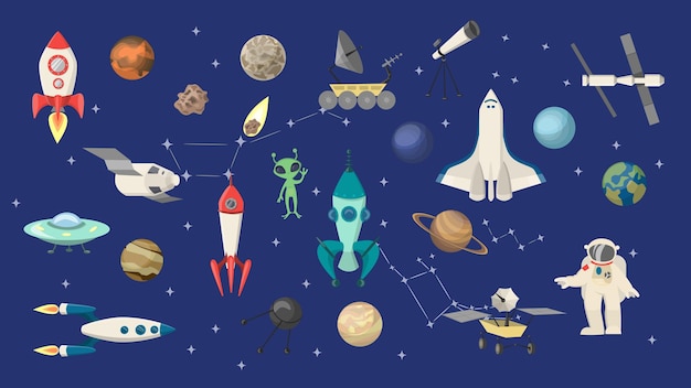 Vetor grátis objetos espaciais definem foguetes e astronautas e alienígenas