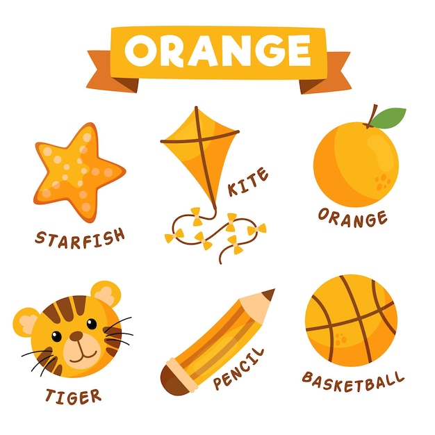 Objetos laranja e vocabulário definidos em inglês