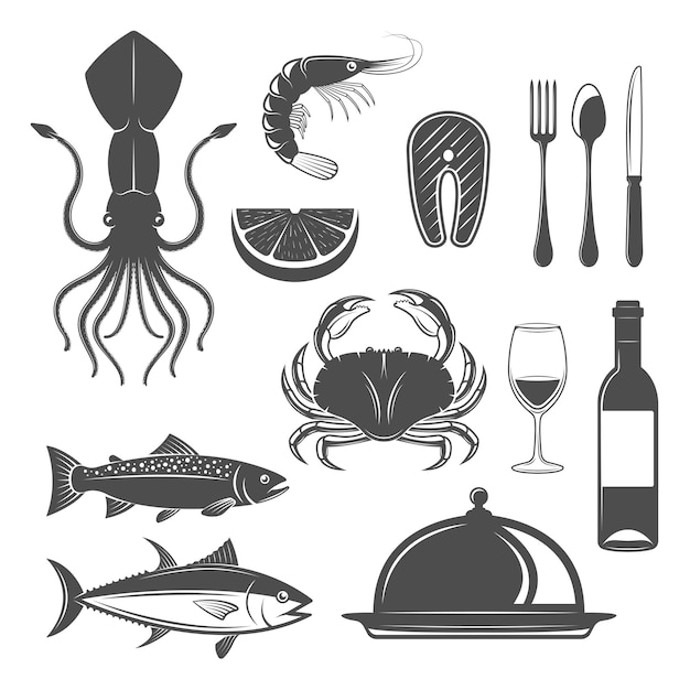 Vetor grátis objetos monocromáticos de frutos do mar conjunto com animais subaquáticos vinho garrafa e cálice talheres restaurante cloche isolado ilustração vetorial