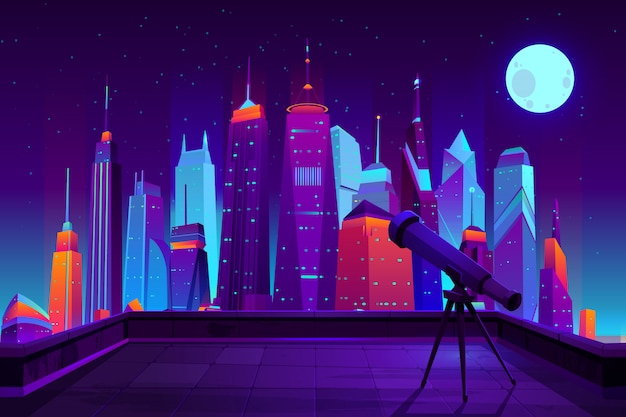 Observações astronômicas em desenhos animados da cidade moderna em cores neon.