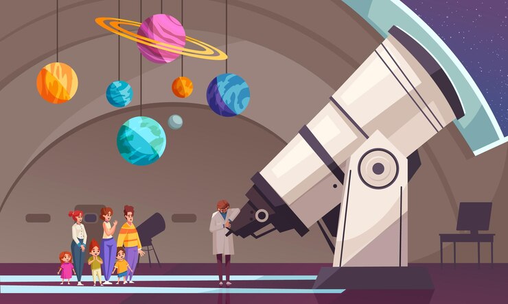 Vetor grátis observatório e fundo de astronomia com ilustração vetorial plana de símbolos de planetário