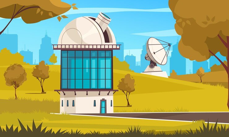 Vetor grátis observatório e fundo de pesquisa com ilustração vetorial plana de símbolos de planetário
